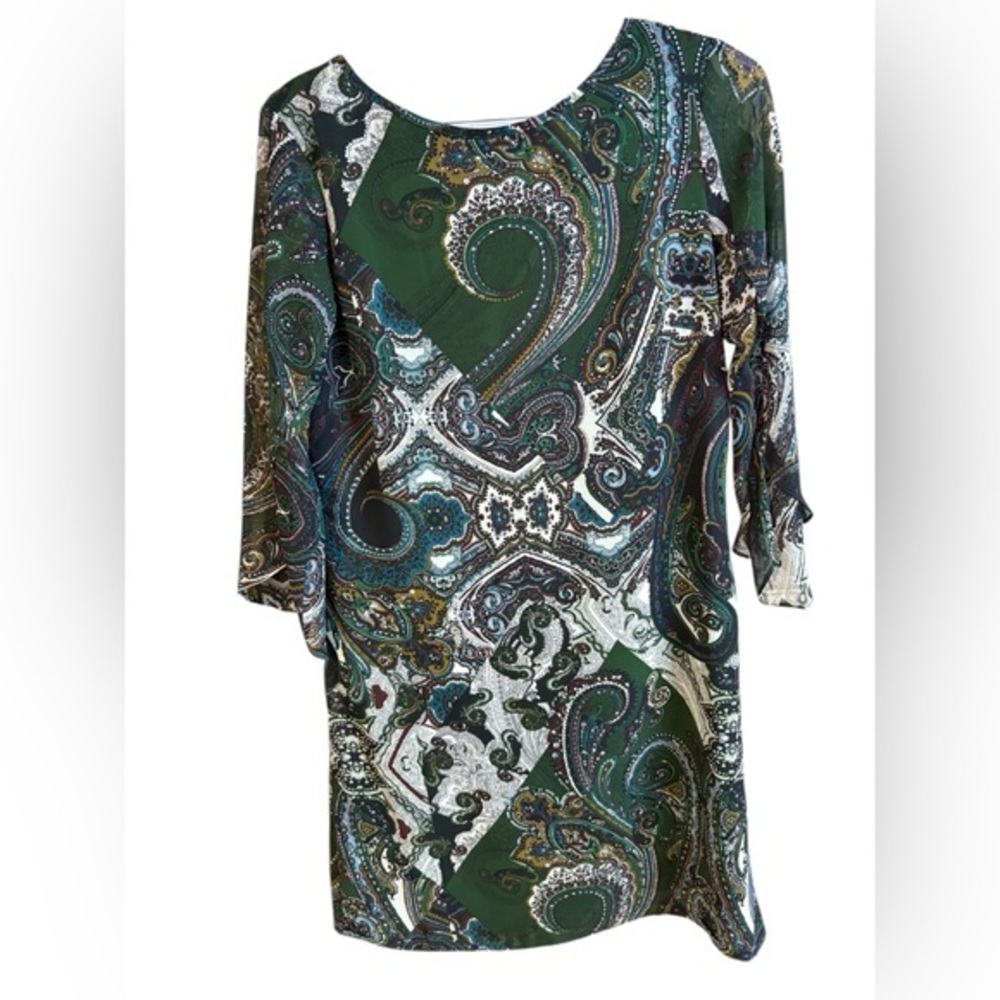 Dress Barn Green and Blue Graphic Dress 3/4 Sleeve